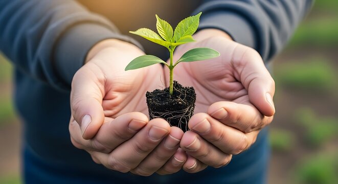 Hands cradle a young seedling with visible roots in rich soil.