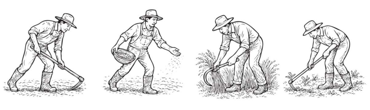 Four men are working in a field. The first man is bending over, the second man is kneeling, the third man is standing, and the fourth man is squatting