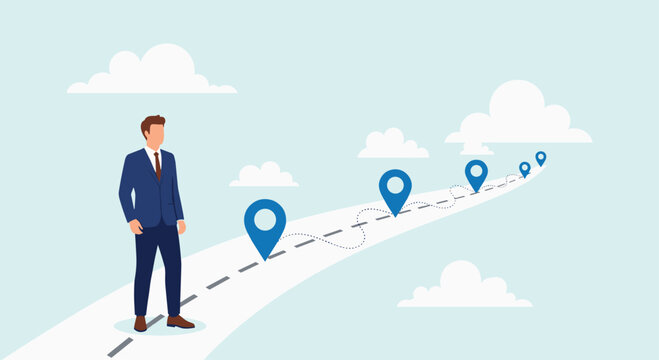 Successful businessman charting path to success with clear vision and strategic milestones in a bright career journey to the top