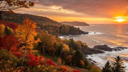 Autumn foliage on coastal cliffs with ocean waves crashing at sunset in scenic landscape view
