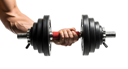 Close up of a muscular hand gripping a heavy adjustable dumbbell for intense weightlifting and strength training isolated on transparent background