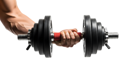 Close up of a muscular hand gripping a heavy adjustable dumbbell for intense weightlifting and strength training isolated on transparent background