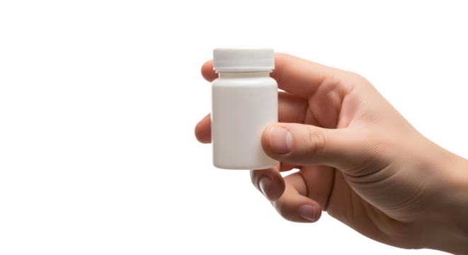 Hand holding a small white pill bottle with a cap isolated on transparent background