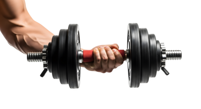 Close up of a muscular hand gripping a heavy adjustable dumbbell for intense weightlifting and strength training isolated on transparent background