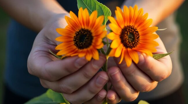 Close-up view of a pair of miniature sunflowers, delicately cradled within human hands, softly