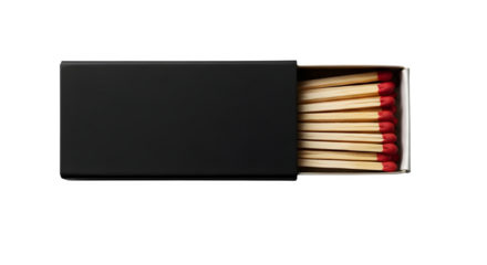A black matchbox with wooden matches partially pulled out showing red tips isolated on transparent background