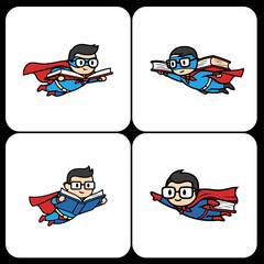 Four cartoon owls with glasses and books,  Cute night owl characters for study and reading,  Playful wise bird mascots for school themes