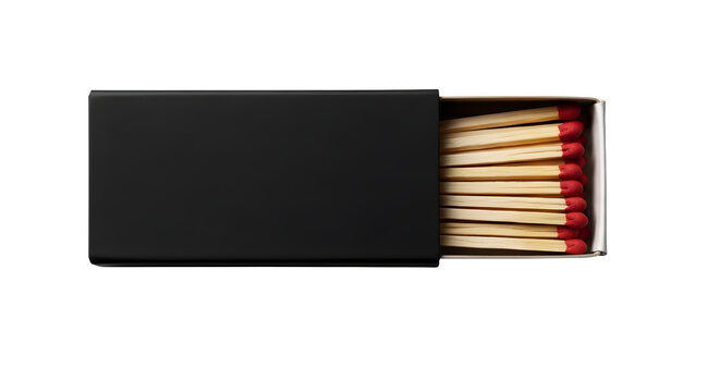 A black matchbox with wooden matches partially pulled out showing red tips isolated on transparent background