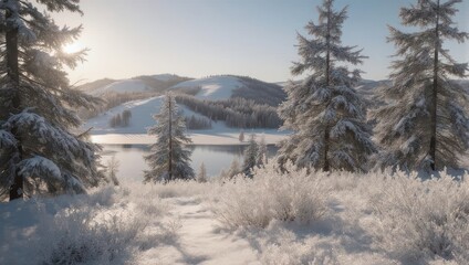 Serene winter landscape with snow covered trees and mountains.