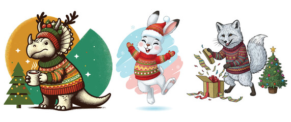 Fototapeta premium Cute animals celebrating christmas isolated on
