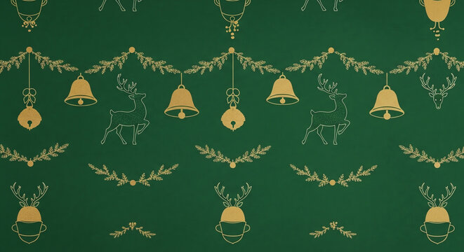 Elegant Decorative Christmas Ornament Pattern with Reindeer Bell and Foliage on Green Background