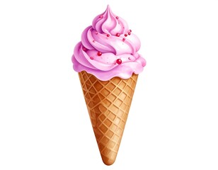 A whimsical, creamy swirl of pink frozen delight tops a classic golden cone, dotted with tiny red sprinkles. A sweet treat