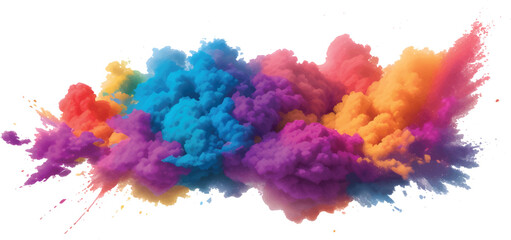 Ultra-Bright Festival Color Explosion with Pink Blue and Yellow Powder Clouds Creating a Stunning Smoke Formation in Air Over Clean White Background Perfect for Posters Branding Abstract Art 