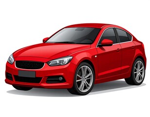 A vibrant red, modern sedan rendered in a graphic style, isolated on a white background. It's a clean, sleek design with detailed elements