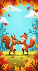 Obraz premium Fox and squirrel share an autumn leaf under colorful foliage.