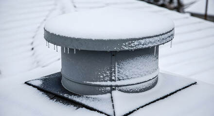 Snow-covered chimney with icicles on a winter rooftop