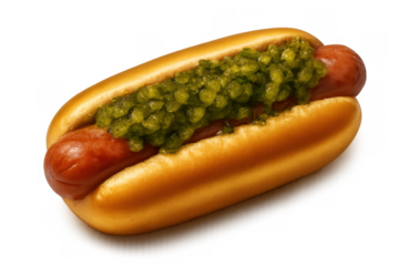 Hot dog on a bun topped with green relish, representing a popular american fast food item. Transparent background