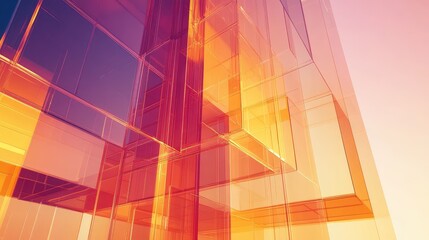 Modern glass architecture building glowing during sunset