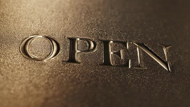 シャンパンカラーのメタル質感でエンボス加工されたOPEN文字に、暖かいハイライトがゆっくり横断する映像。
落ち着いた金属の輝きが高級感を演出し、ブランドムービーやオープニングに最適。
