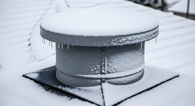 Snow-covered chimney with icicles on a winter rooftop  