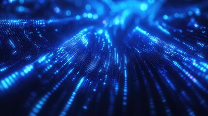 Blue digital data stream flowing across abstract landscape