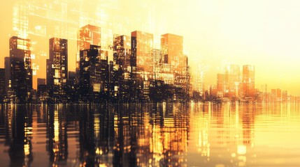 Futuristic city skyline reflecting on water at sunset
