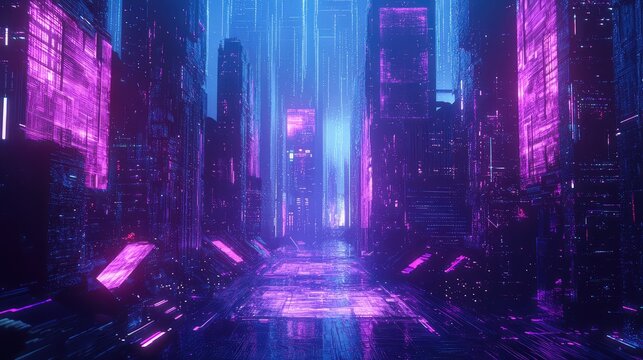 Futuristic neon city street with glowing digital data streams