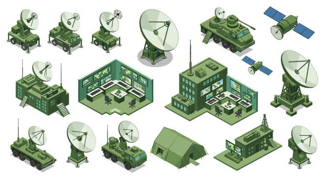 Military base isometric concept featuring radar stations, satellites, and command centers ready for your project needs in security and defense