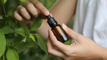 Closeup of hand holding essential oil bottle with green leaves background