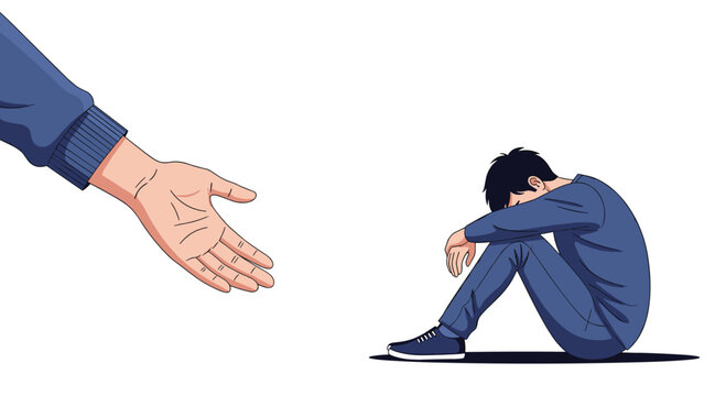 A supportive hand offering empathy to a sad person sitting alone, showcasing compassion and mental health awareness beautifully