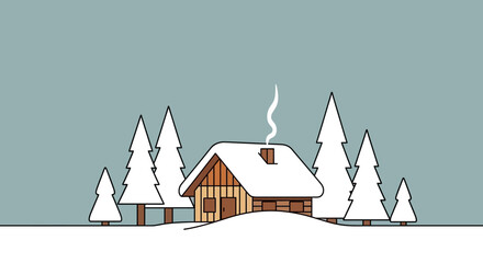 A charming, snow-covered wooden cabin nestled amongst frosted pine trees, emanating warmth and tranquility during a serene winter day, perfect for seasonal designs.