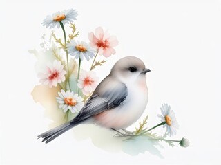 Fluffy Little One &ndash; AI watercolor-style illustration of a small fluffy bird sitting among daisies and pink flowers, ideal for canvas or paper printing.