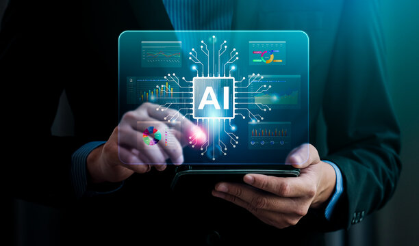 Artificial intelligence and digital data analysis concept with businessman using AI interface to visualize charts and analytics dashboard, representing innovation, automation, smart business solutions