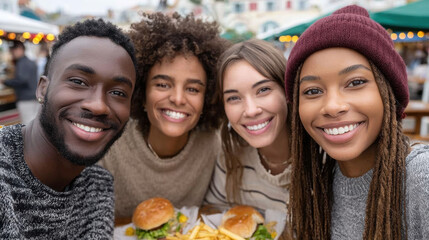 Happy together, A diverse group of young adults enjoying lunch together in a casual setting.