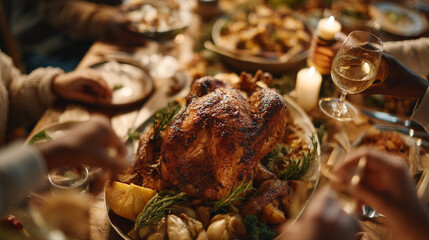 A thanksgiving table filled with a roasted turkey, side dishes, and people enjoying the meal