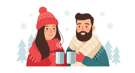 Couple enjoying cozy winter day with hot drinks amid gentle snowflakes, ideal for seasonal promotions, holiday ads, and heartwarming winter campaigns