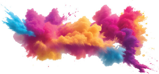 Bright Pink Blue and Yellow Powder Blast Forming a Surreal Multicolor Cloud of Smoke Over White Background Ideal for Festival Concepts Holi Artwork Color Explosion Advertising