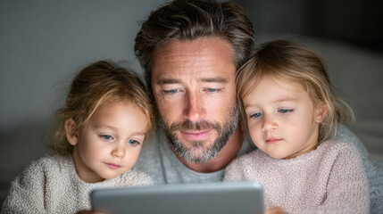 Happy together, A father reading bedtime stories to his children, capturing a cozy family moment in a warm environment.