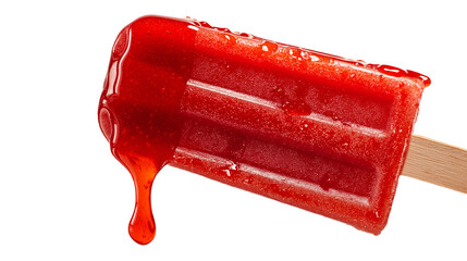 Vibrant red popsicle melting slightly, with a clean wooden stick