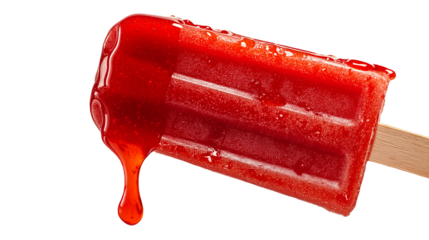 Vibrant red popsicle melting slightly, with a clean wooden stick