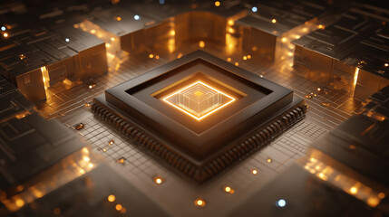 Ultra-detailed quantum processor core with floating luminous qubits above a metallic microchip surface inside a highly advanced computing chamber