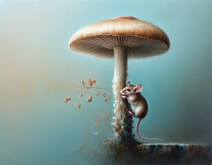 Mouse and His Mushroom Umbrella &ndash; A playful acrylic-style fantasy scene of a tiny mouse sheltered under a mushroom, perfect as a charming print for a child&rsquo;s room.