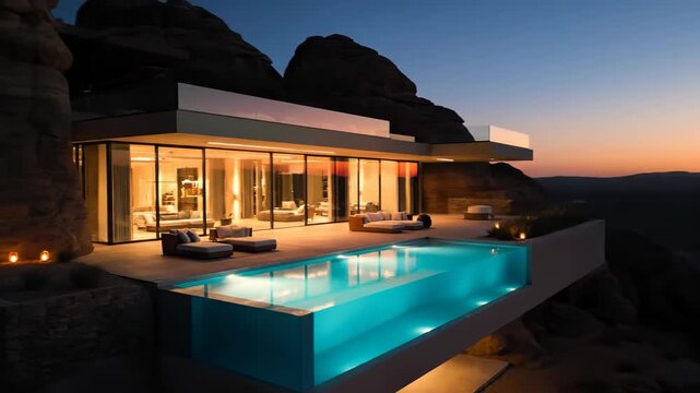Luxury modern villa with infinity pool overlooking desert landscape at sunset