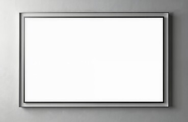 Modern widescreen TV with empty white screen on grey wall. Black frame digital display mock up. Smart television template for presentations and design.