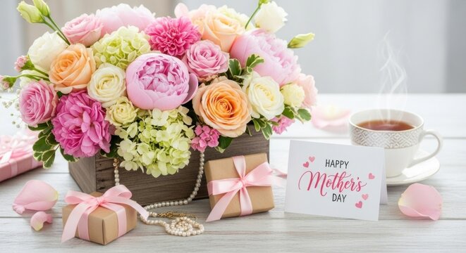 A bouquet of pink and white roses with a card that says 'Happy Mother's Day' and a cup of tea on a white table.
