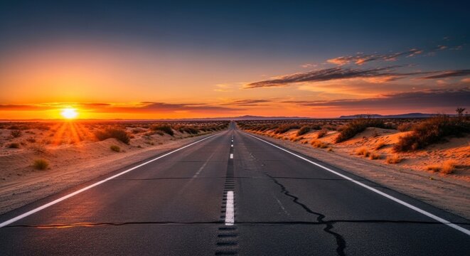 A long, straight road stretching into the distance with a desert landscape on either side, under a dramatic sunset sky with orange and pink hues. - Powered by Adobe