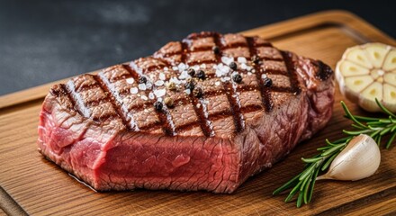 A grilled steak with salt and pepper on a wooden cutting board with garlic and rosemary.
