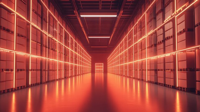 Futuristic warehouse logistics displaying glowing neon technology and automation