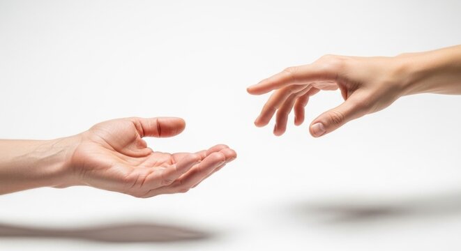 Two hands reaching out to each other on a white background.