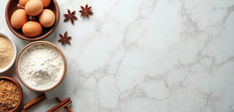 Flat lay of raw baking ingredients includes eggs, flour, sugar, ginger powder, cinnamon sticks, and star anise. Ready for mixing in a kitchen on marble surface with copy space.